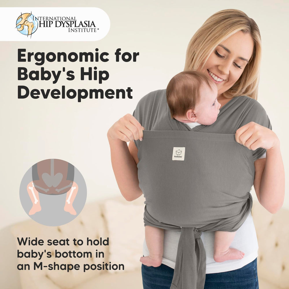 KeaBabies D-Lite wrap graphite infant carry demonstrates snug fit and gentle support.