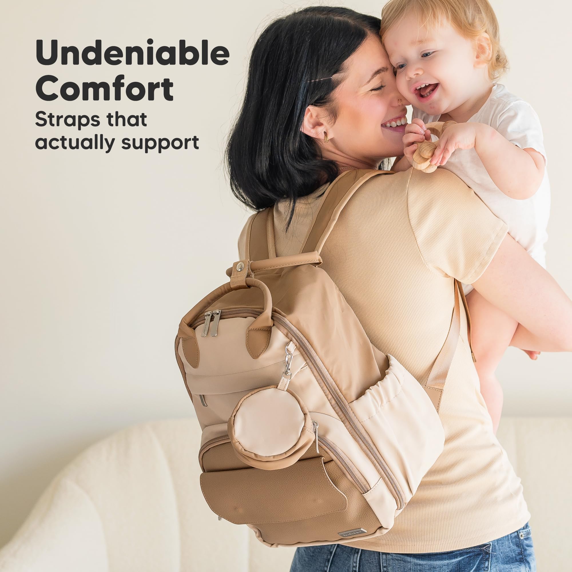 KeaBabies diaper bag backpack duo-tone PU leather blends with outfits.