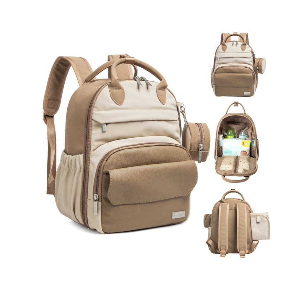 KeaBabies diaper bag backpack latte exterior in PU leather for everyday style.