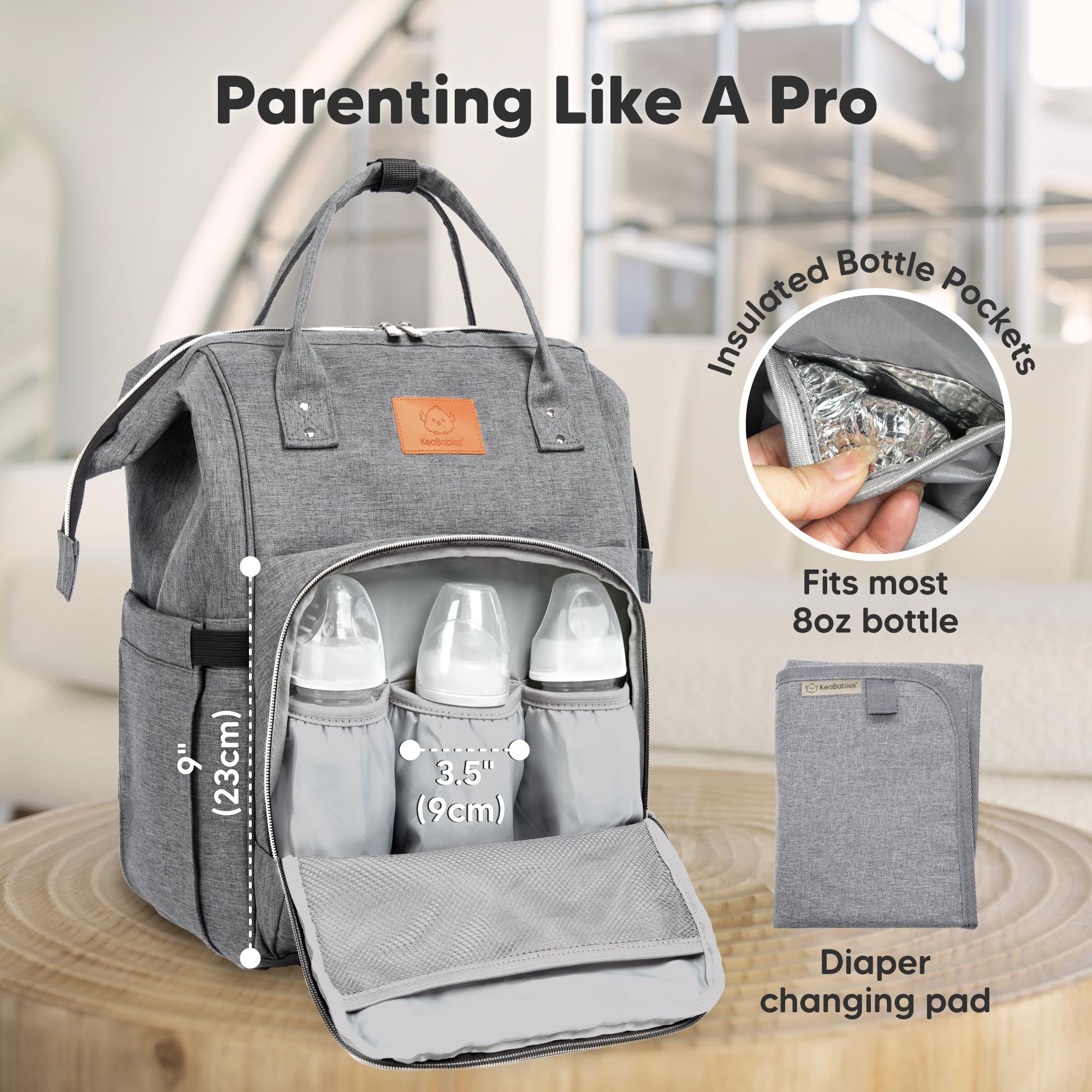 KeaBabies Diaper Bag Backpack multi-pocket layout organizes bottles, wipes, and baby clothes efficiently.