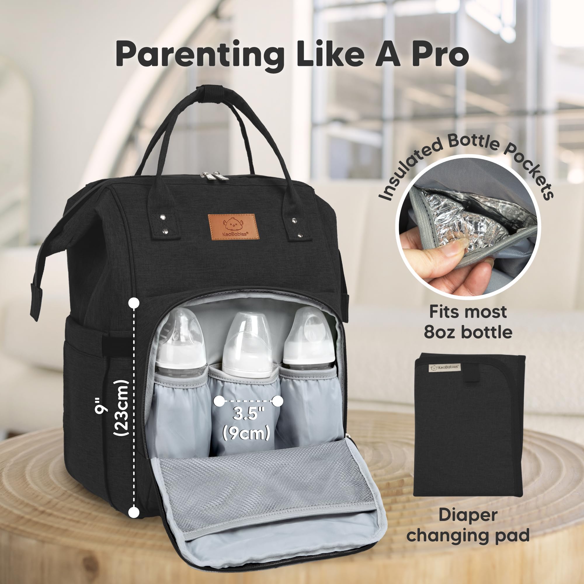 KeaBabies diaper bag backpack multiple pockets help organize items during outings.