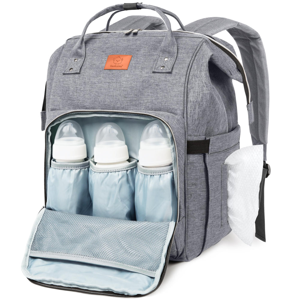 KeaBabies Diaper Bag Backpack Classic Gray front view shows roomy main compartment for baby essentials.