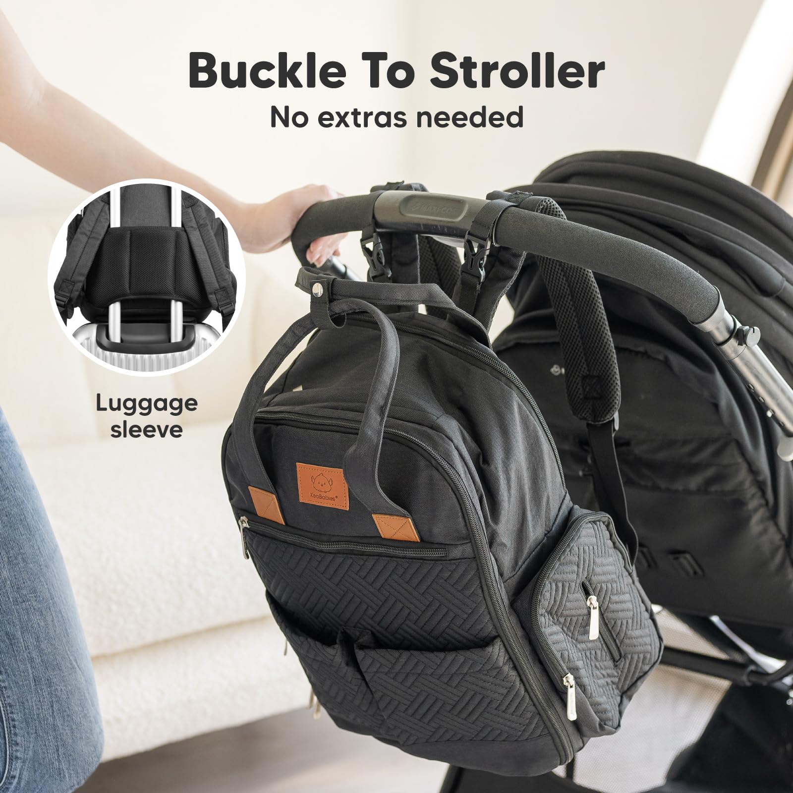KeaBabies diaper bag charcoal hands free design supports stroller or carrier use