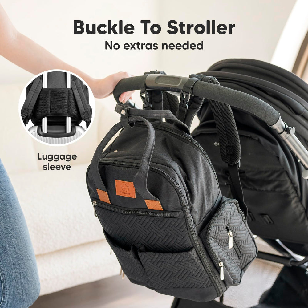 KeaBabies diaper bag charcoal hands free design supports stroller or carrier use