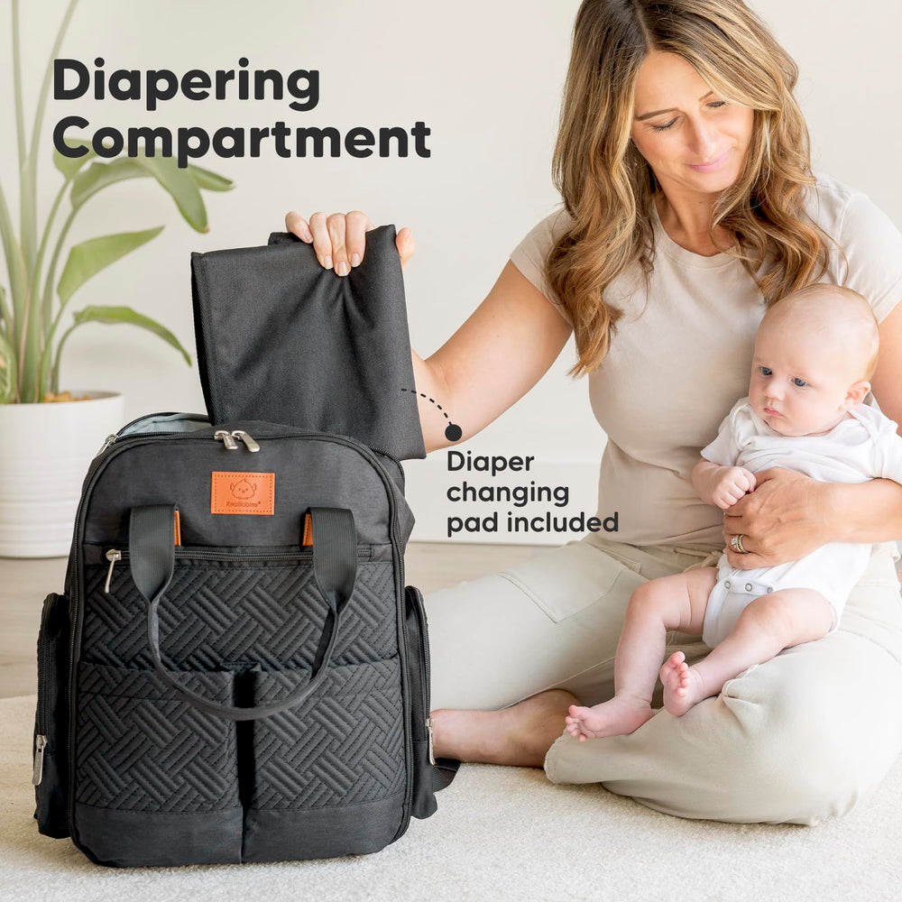 KeaBabies diaper bag charcoal layout with multiple pockets for organized storage