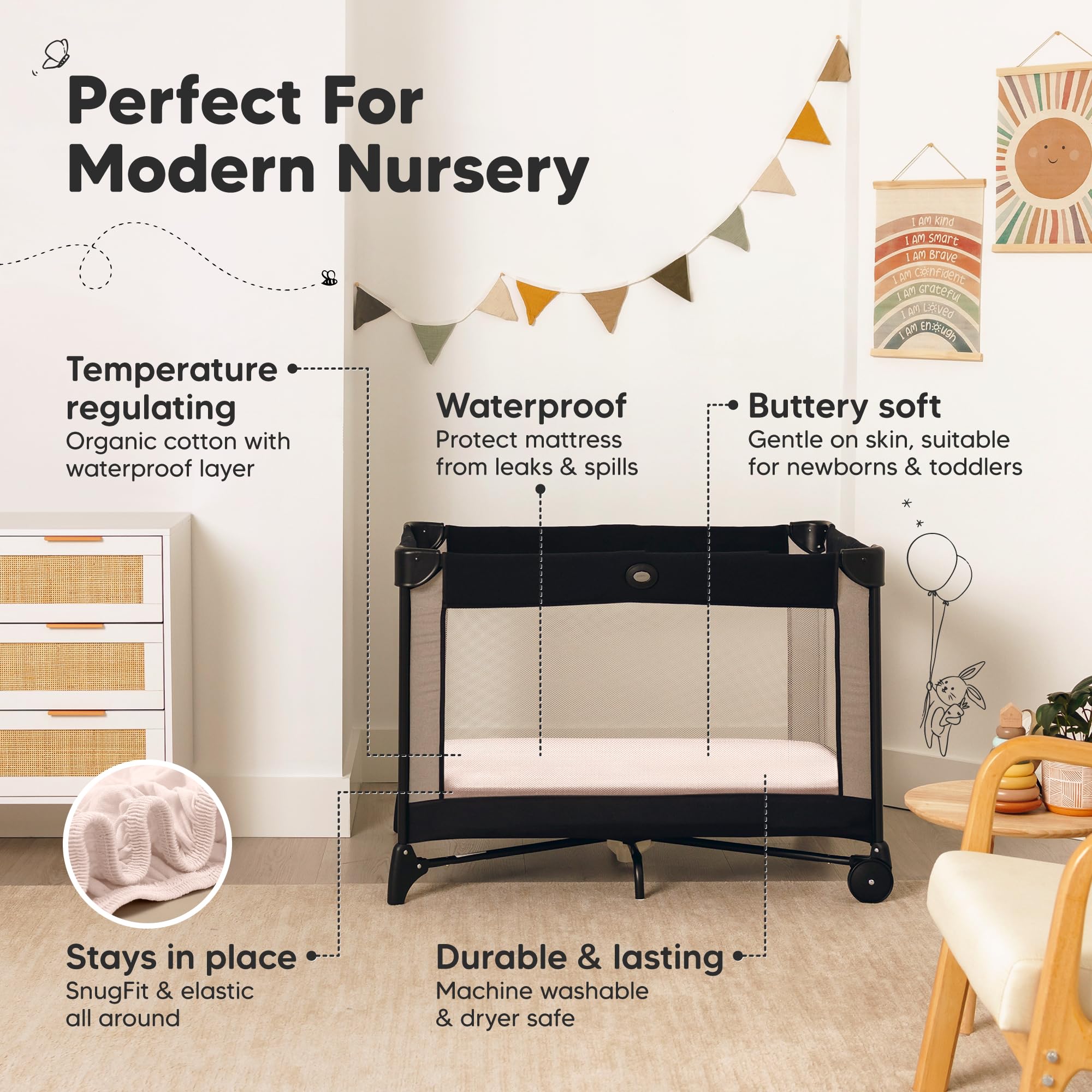 Waterproof protection reduces diaper leak mess on KeaBabies sheets.