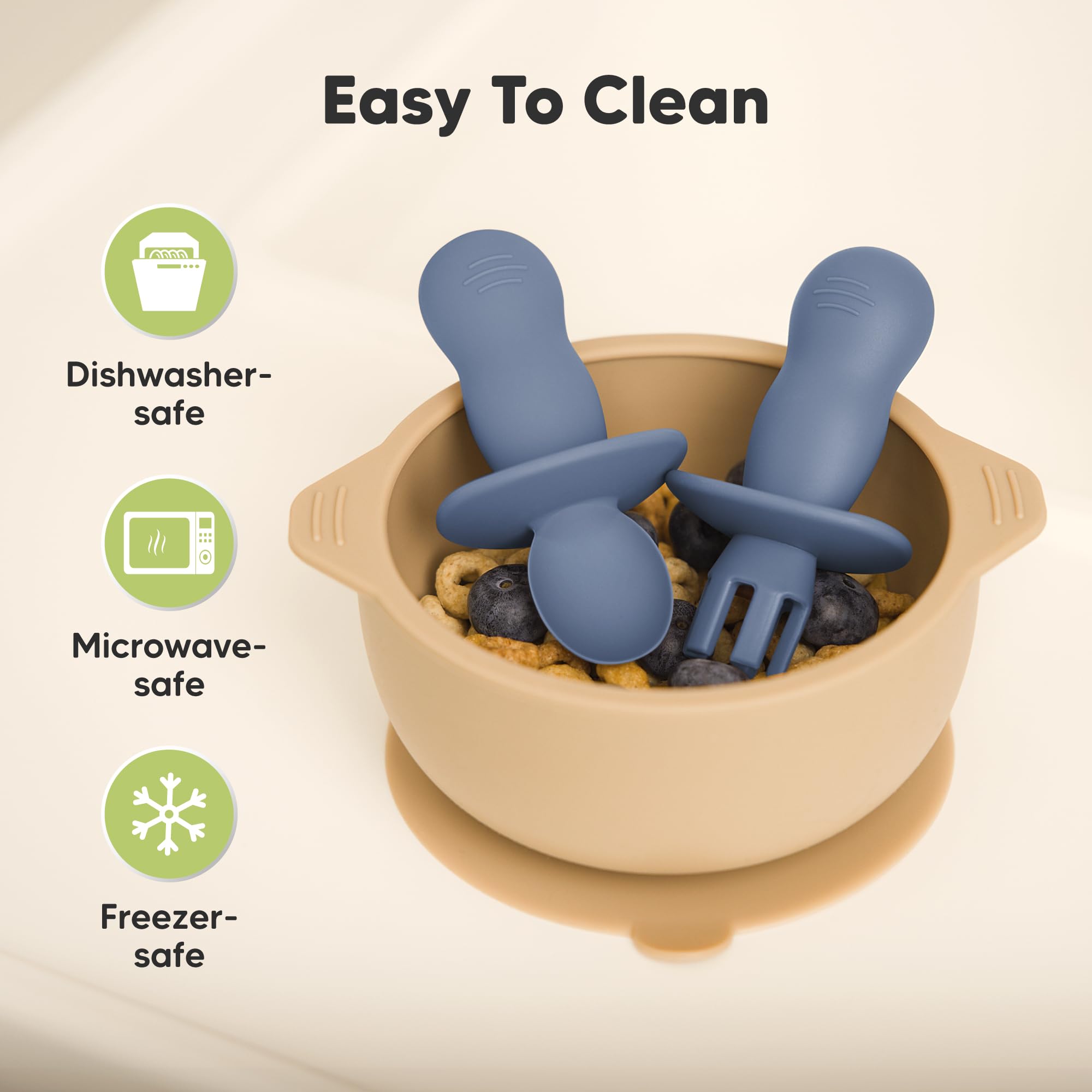 KeaBabies dishwasher-safe silicone utensils simplify cleanup after meals.