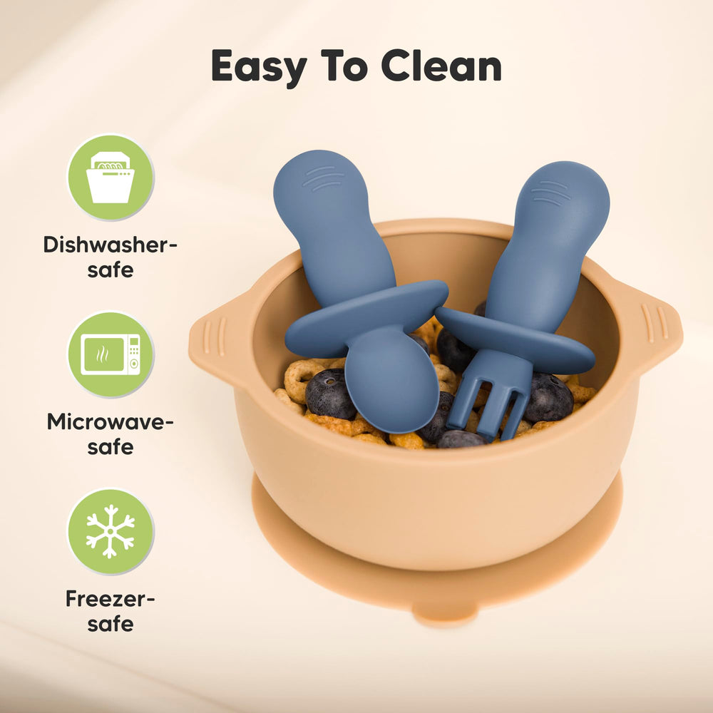 KeaBabies dishwasher-safe silicone utensils simplify cleanup after meals.