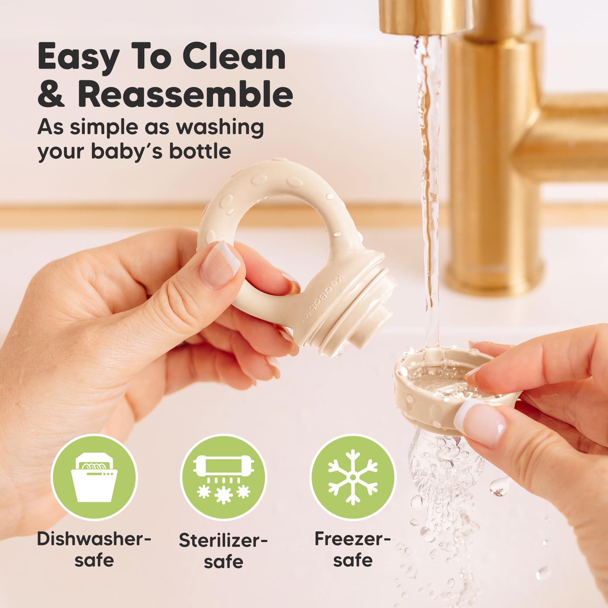 KeaBabies easy-clean feeder with dishwasher and sterilizer-safe parts.
