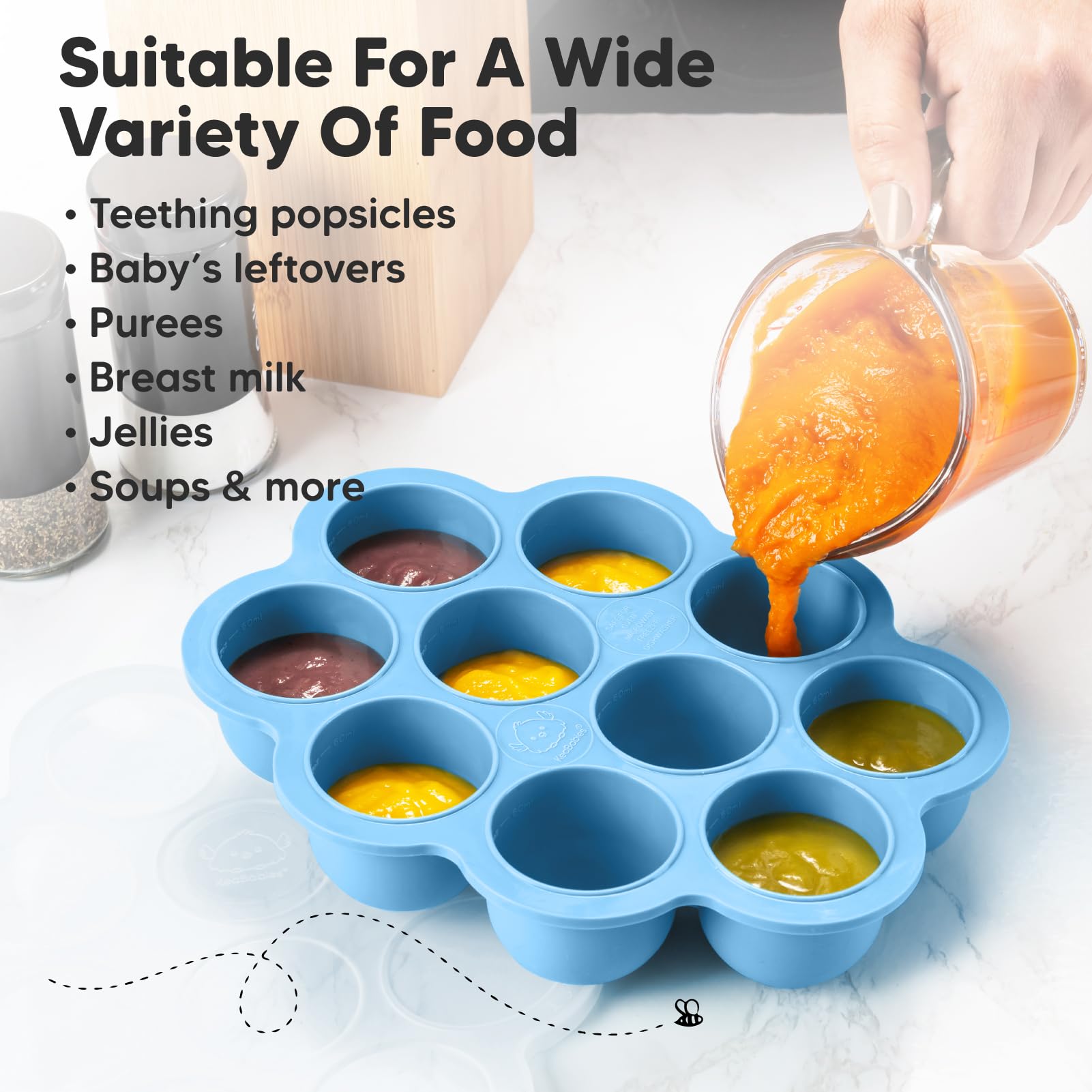 KeaBabies easy-pour freezer tray for transferring frozen cubes neatly.