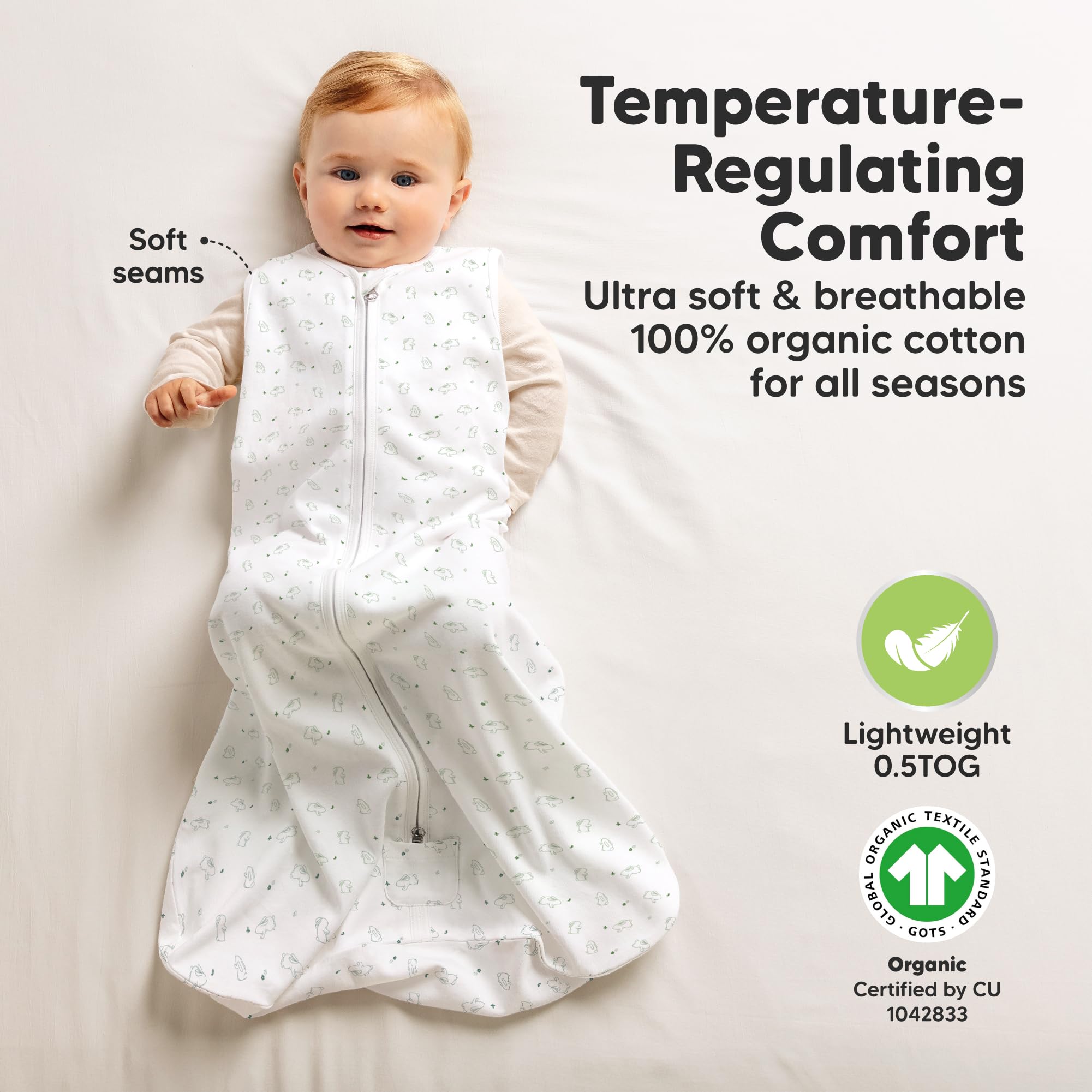 KeaBabies ergonomic armholes and hip area support natural sleep movement.