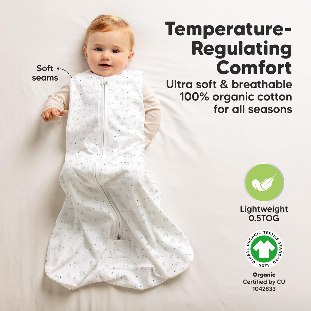 KeaBabies ergonomic armholes and hip area support natural sleep movement.