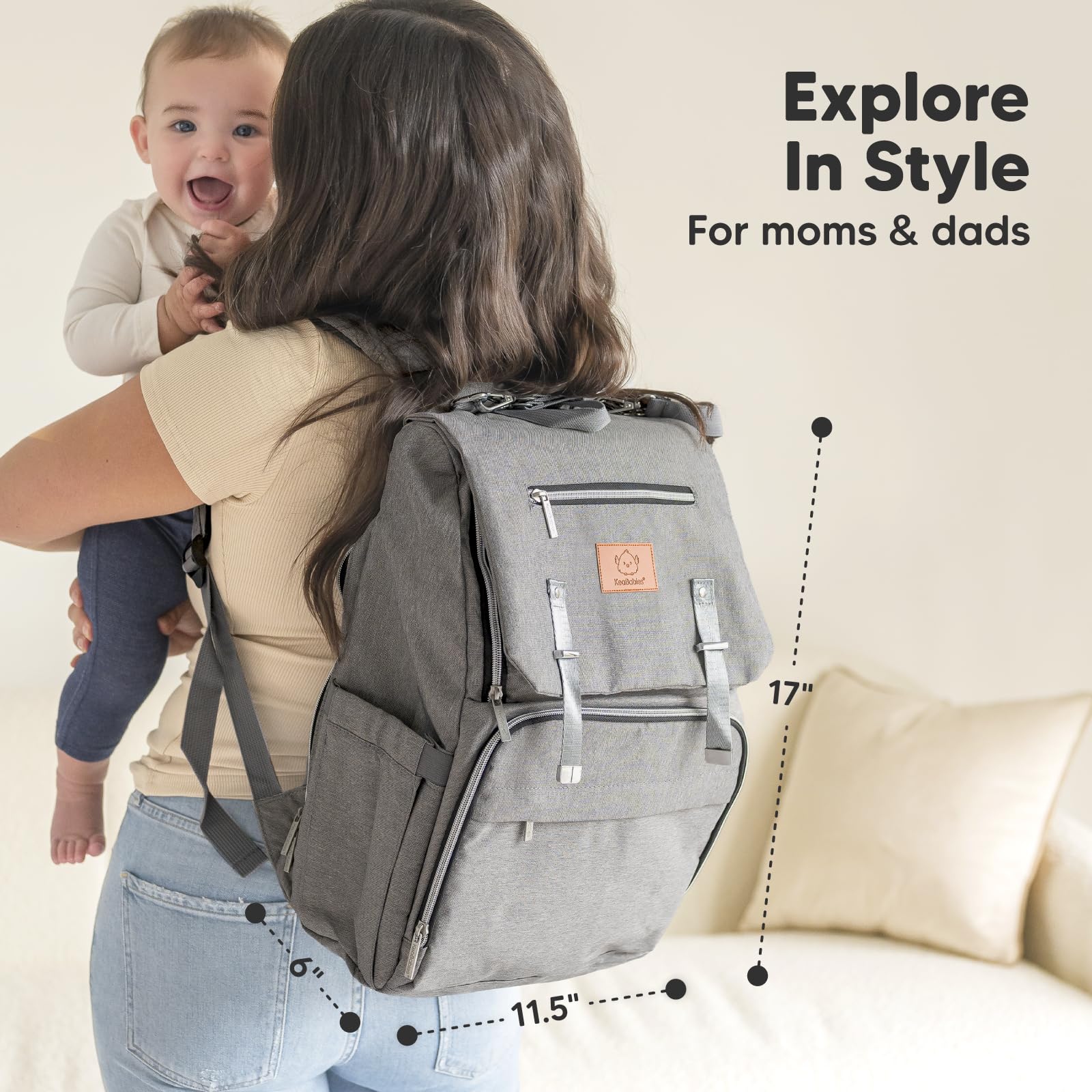 KeaBabies Explorer back compartment reveals waterproof changing mat for quick diaper changes.