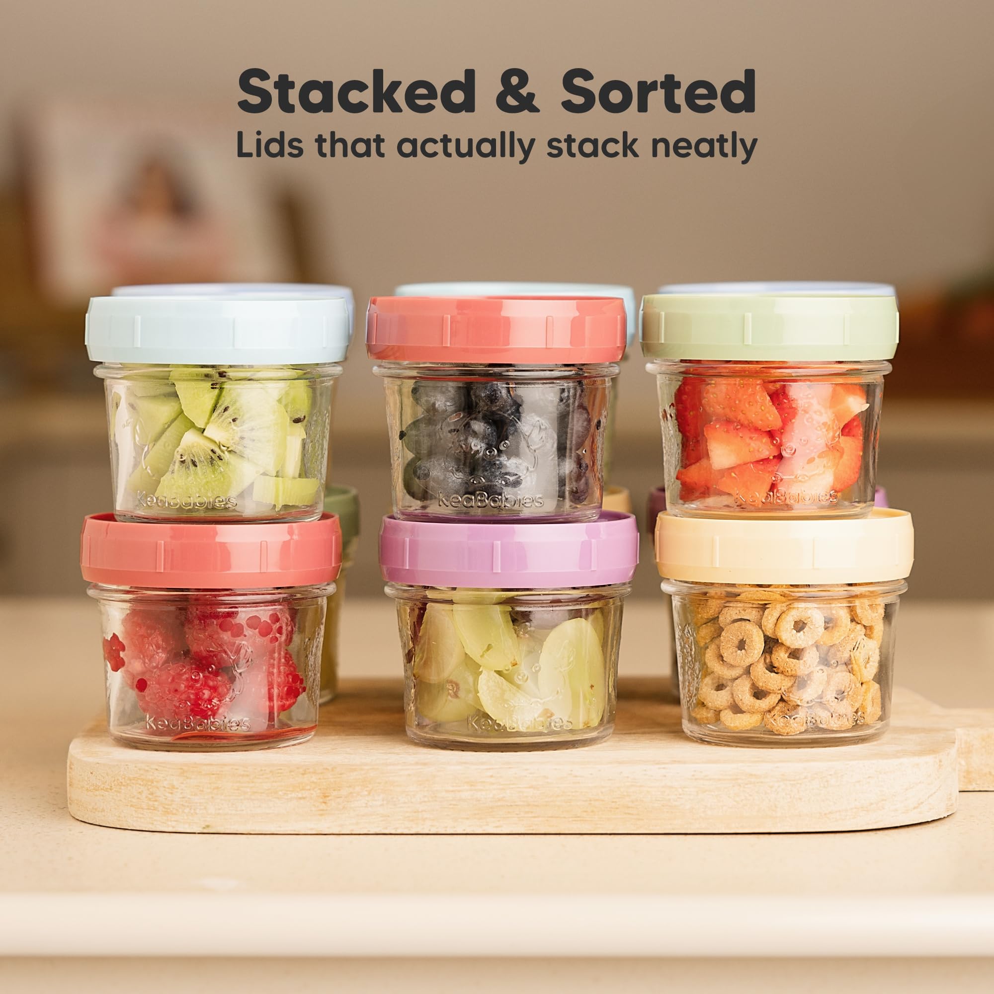 KeaBabies labeled jars with writable lids help organize portions.