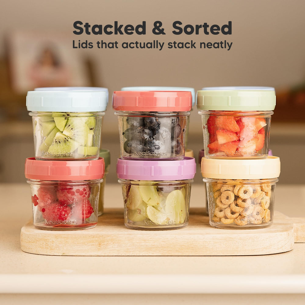 KeaBabies labeled jars with writable lids help organize portions.