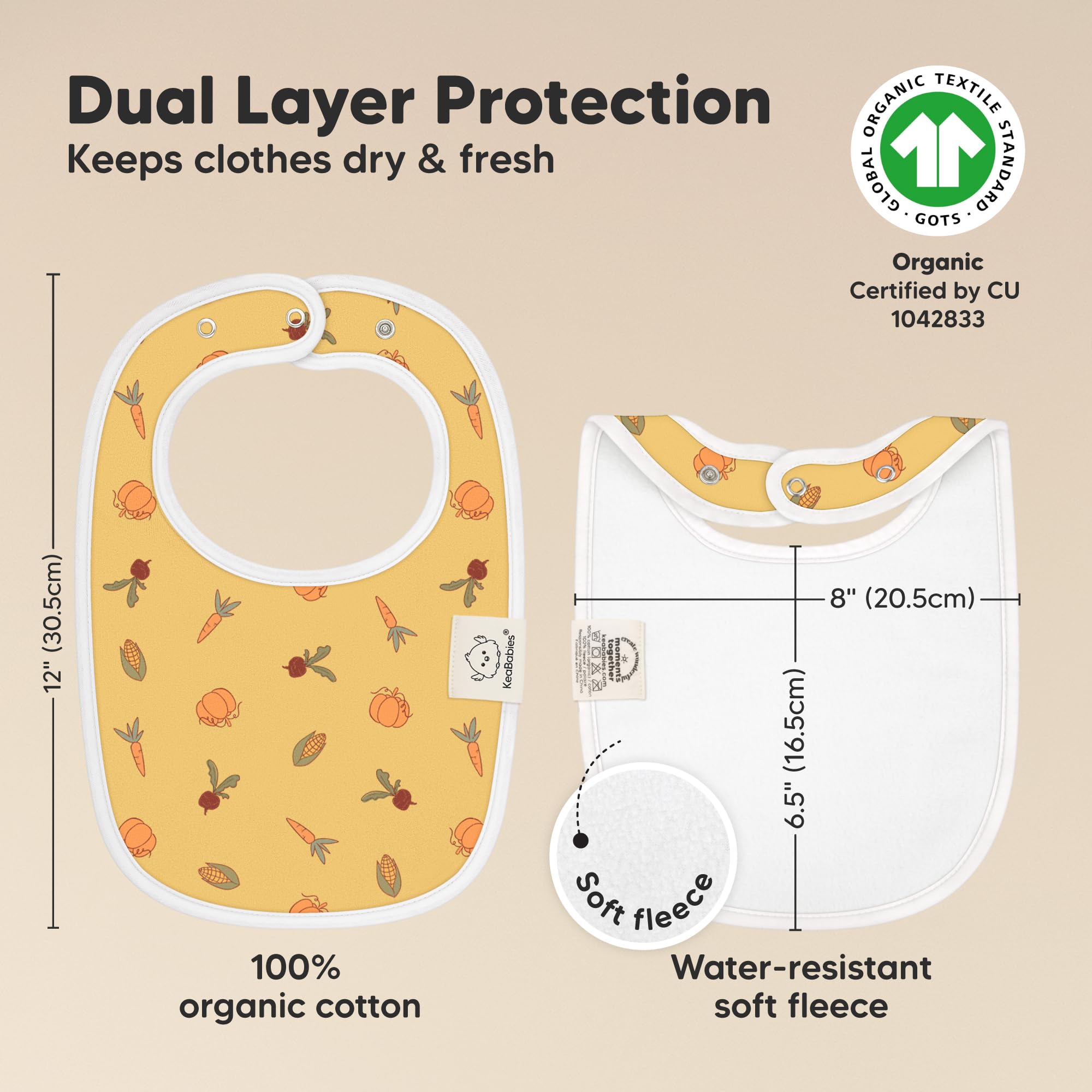 KeaBabies full coverage bib highlights maximum torso protection during meals.