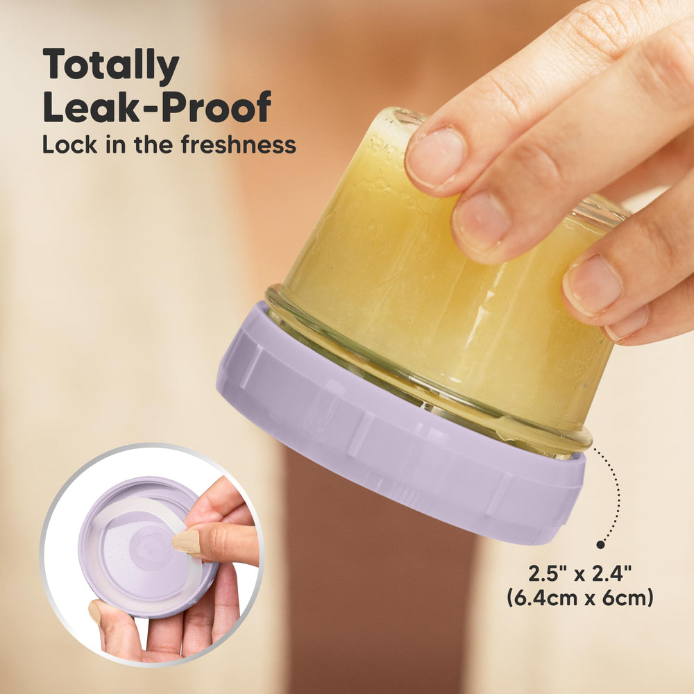 KeaBabies glass jar with leak-proof seal keeps snacks fresh during travel.