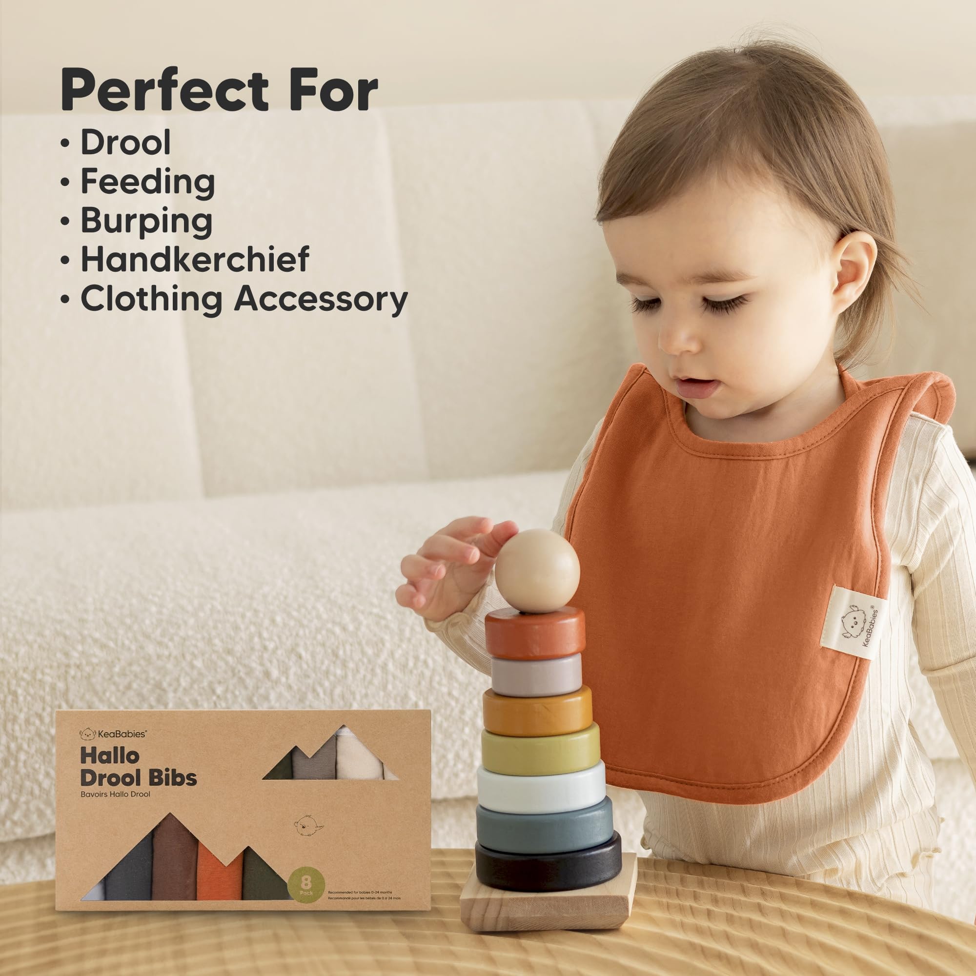 KeaBabies Hallo bib in use on an active toddler offering full torso coverage.