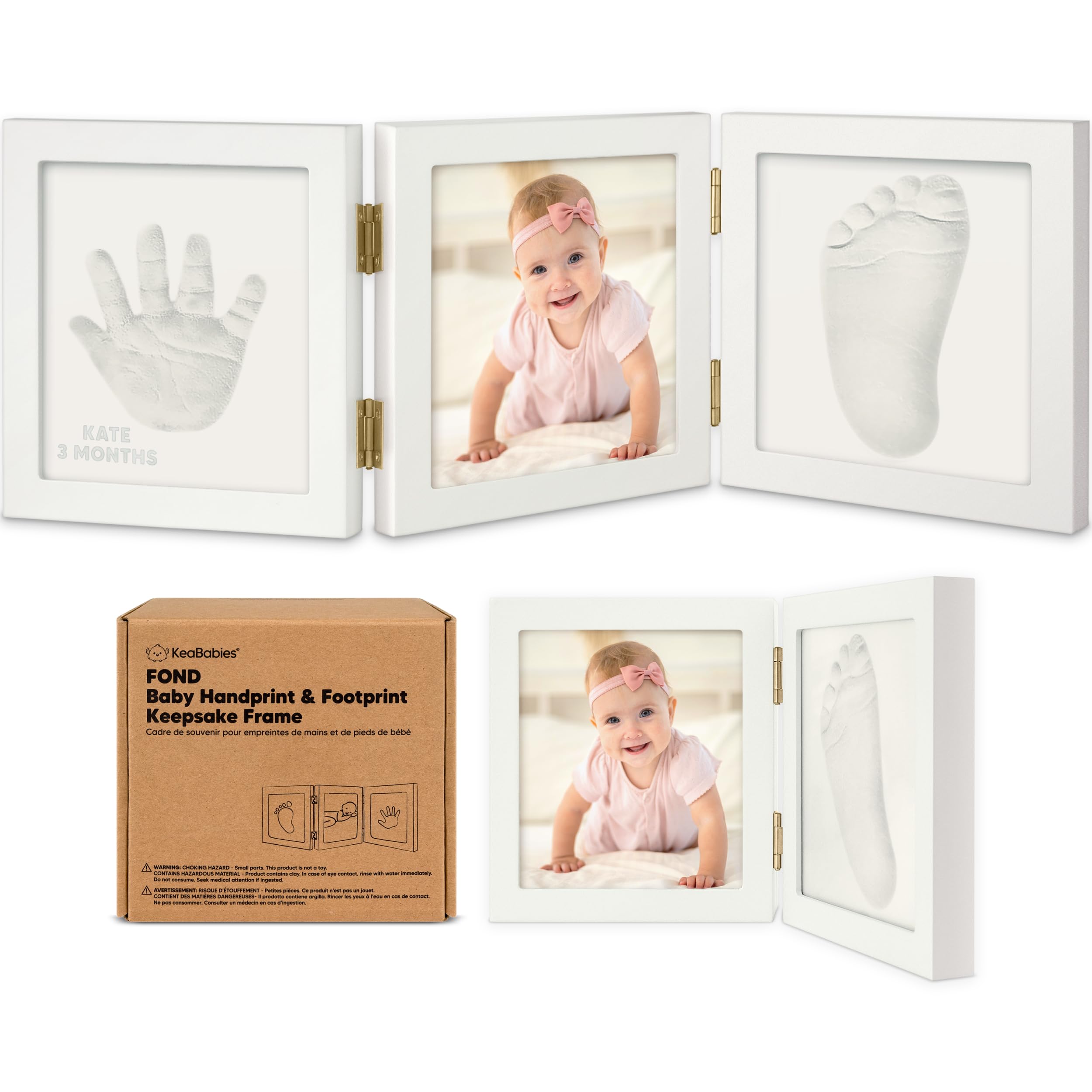 KeaBabies handprint frame with Alpine White finish preserves tiny prints for nursery decor.