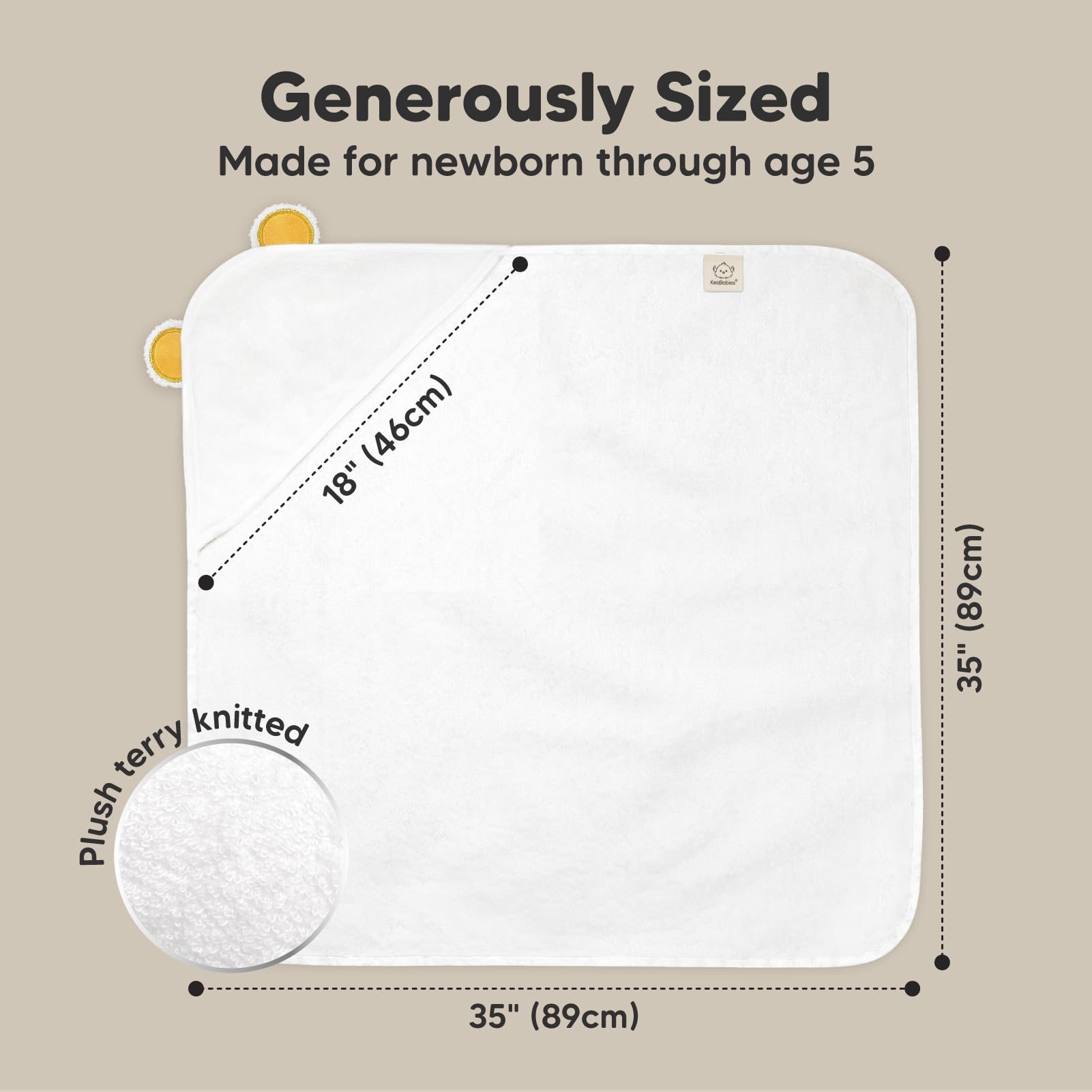 KeaBabies towel draped on baby, showing extra-thick 500GSM fabric