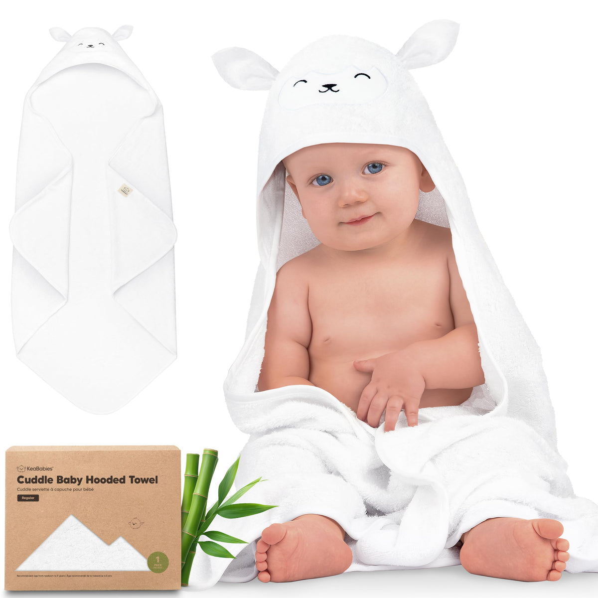 KeaBabies hooded towel with lamb design offering newborn comfort after bath time