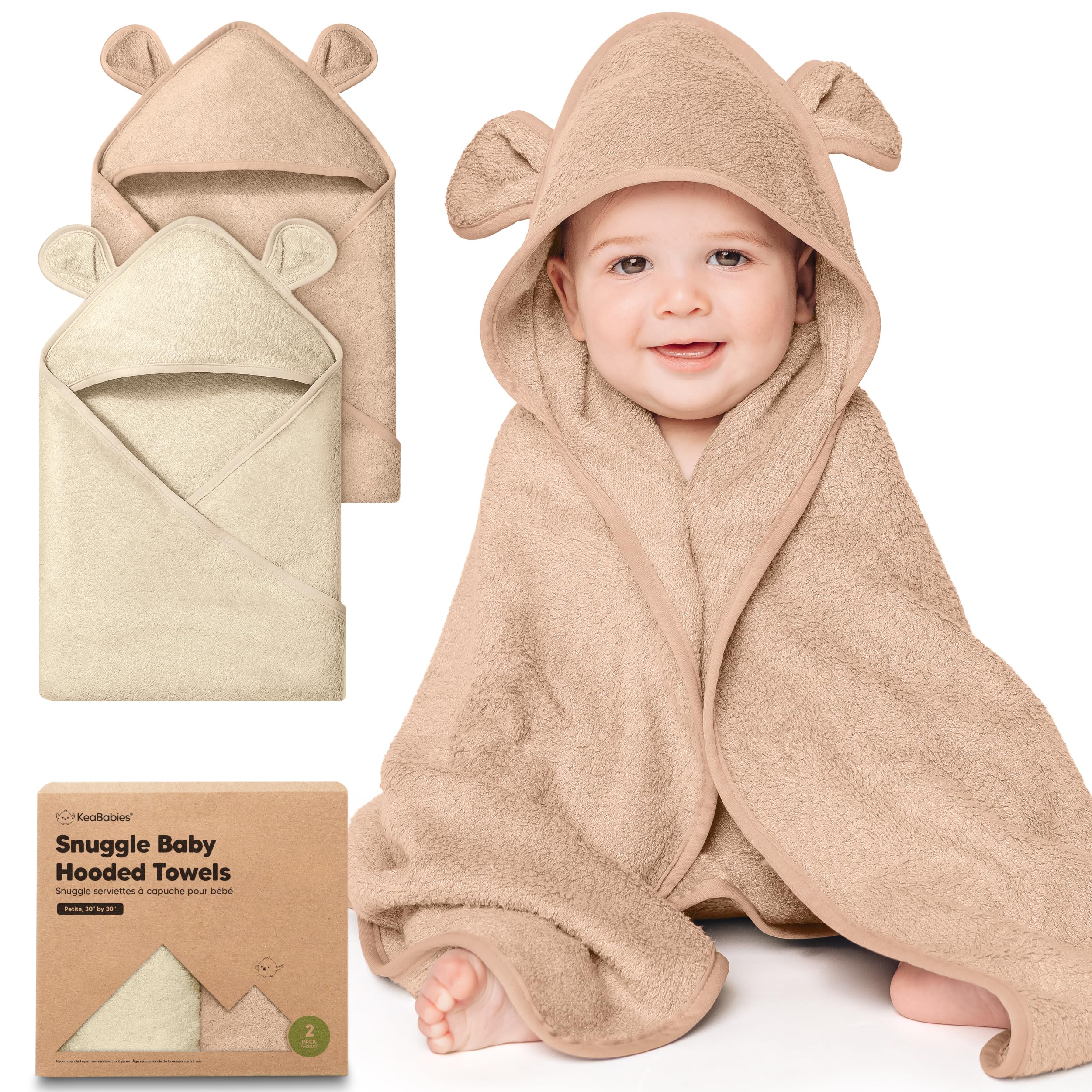 KeaBabies hooded towel almond petite with bear ears keeps baby warm after bath