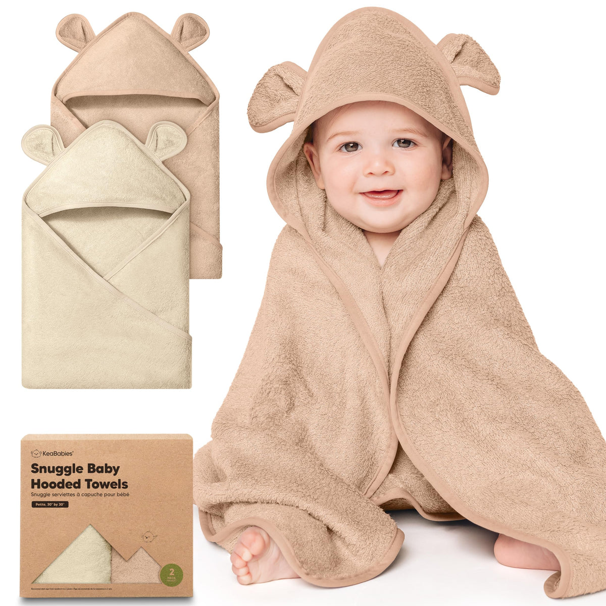 KeaBabies hooded towel almond petite with bear ears keeps baby warm after bath