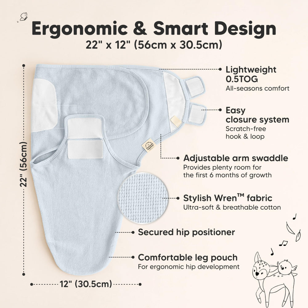 KeaBabies Four-step hook-loop closure detail simplifies safe, quick swaddling.