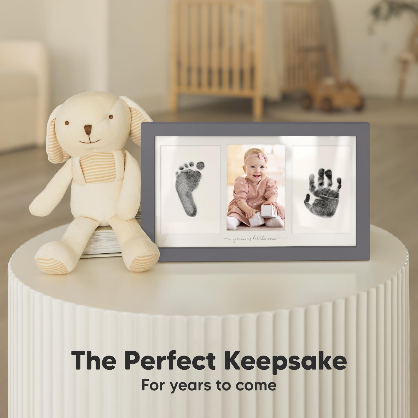 KeaBabies inkless footprint side view showing 3.5 by 5 inch ink pad