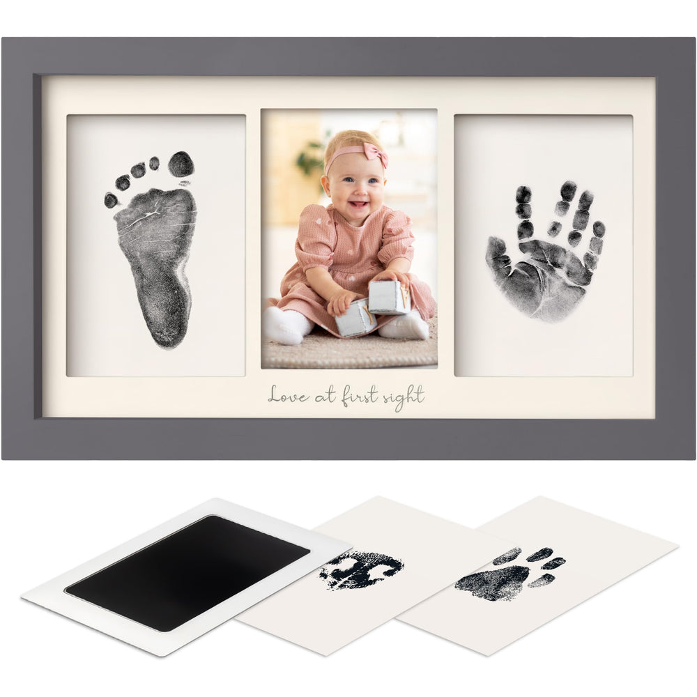 KeaBabies inkless handprint kit front view with gunmetal gray frame for nursery decor
