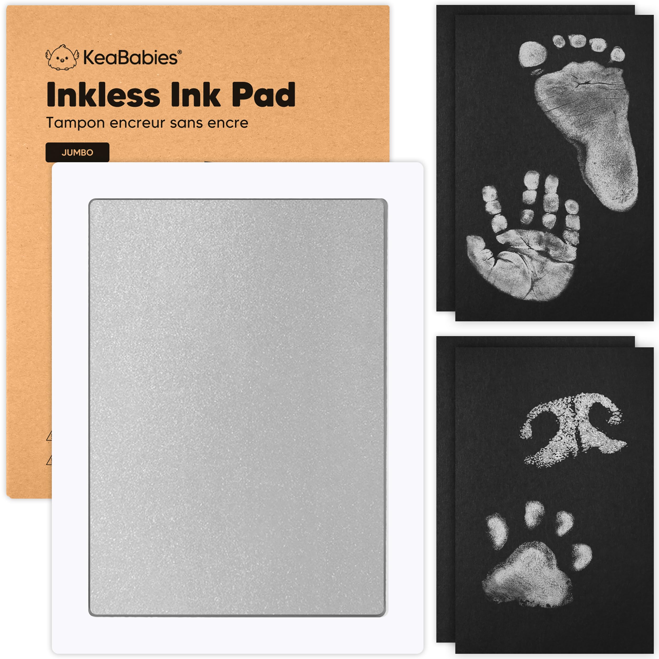 KeaBabies inkless kit in silver box showing mess-free starter for newborn keepsakes