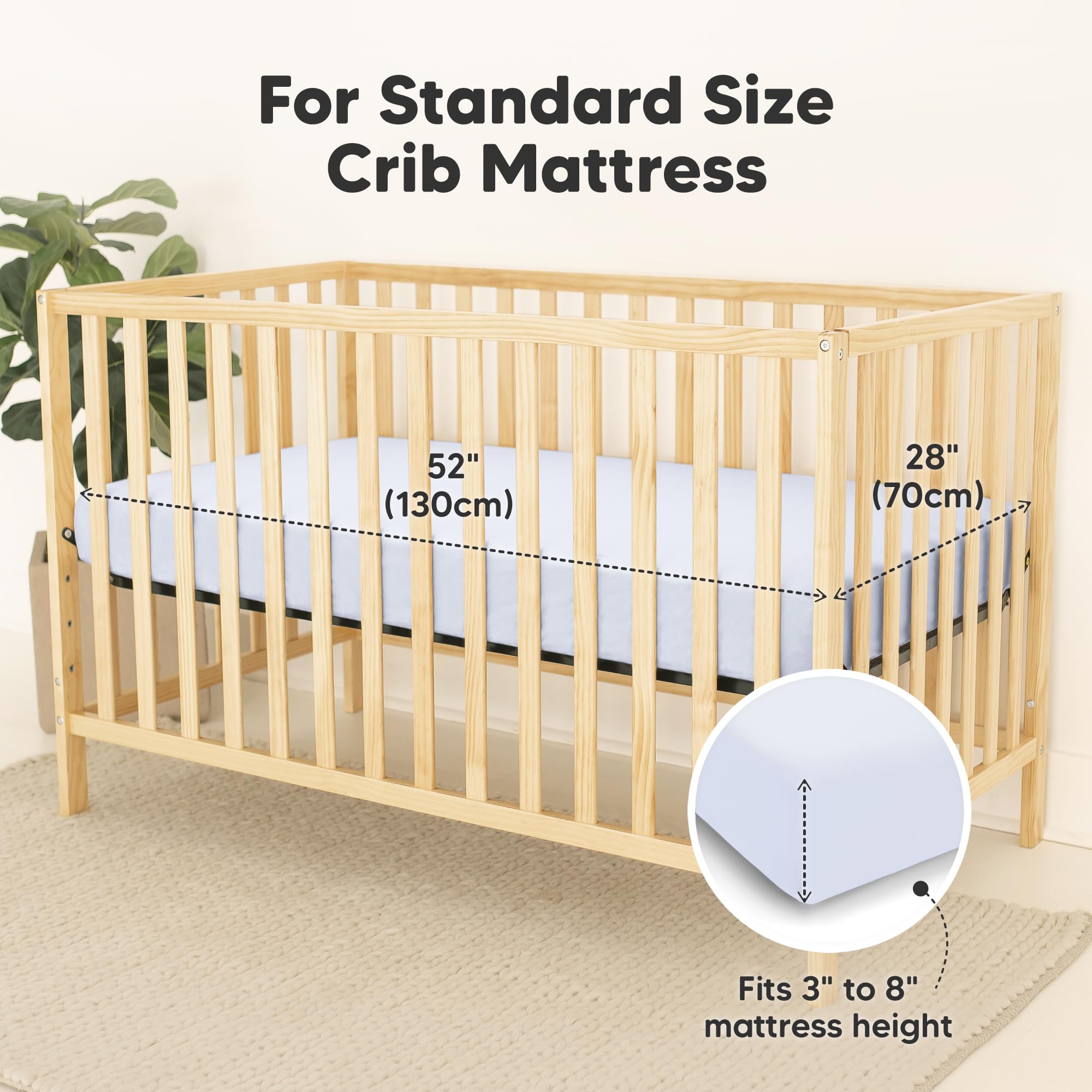 KeaBabies Isla Protect+ crib sheet blue flax on mattress highlights secure fit and soft fabric