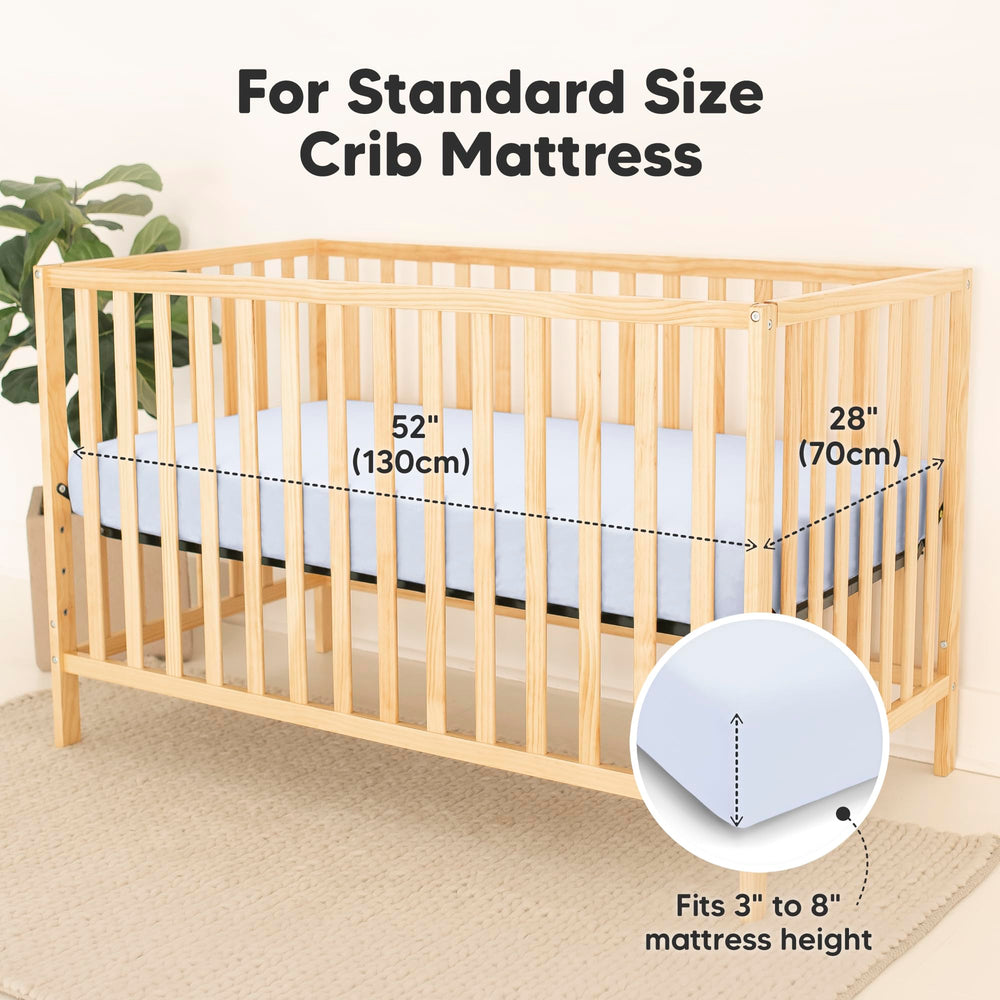 KeaBabies Isla Protect+ crib sheet blue flax on mattress highlights secure fit and soft fabric