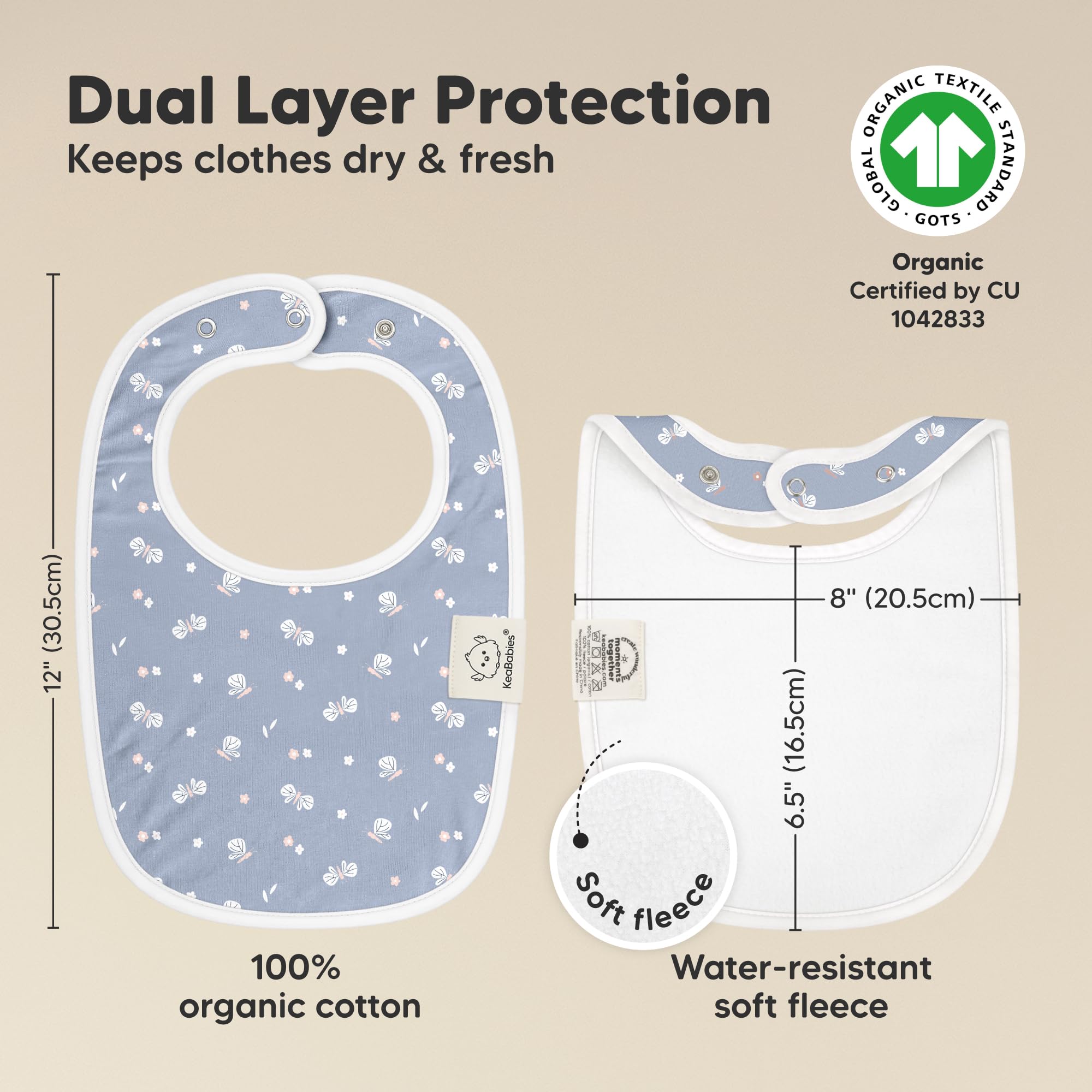 KeaBabies large coverage bib stays flat on baby's chest during messes