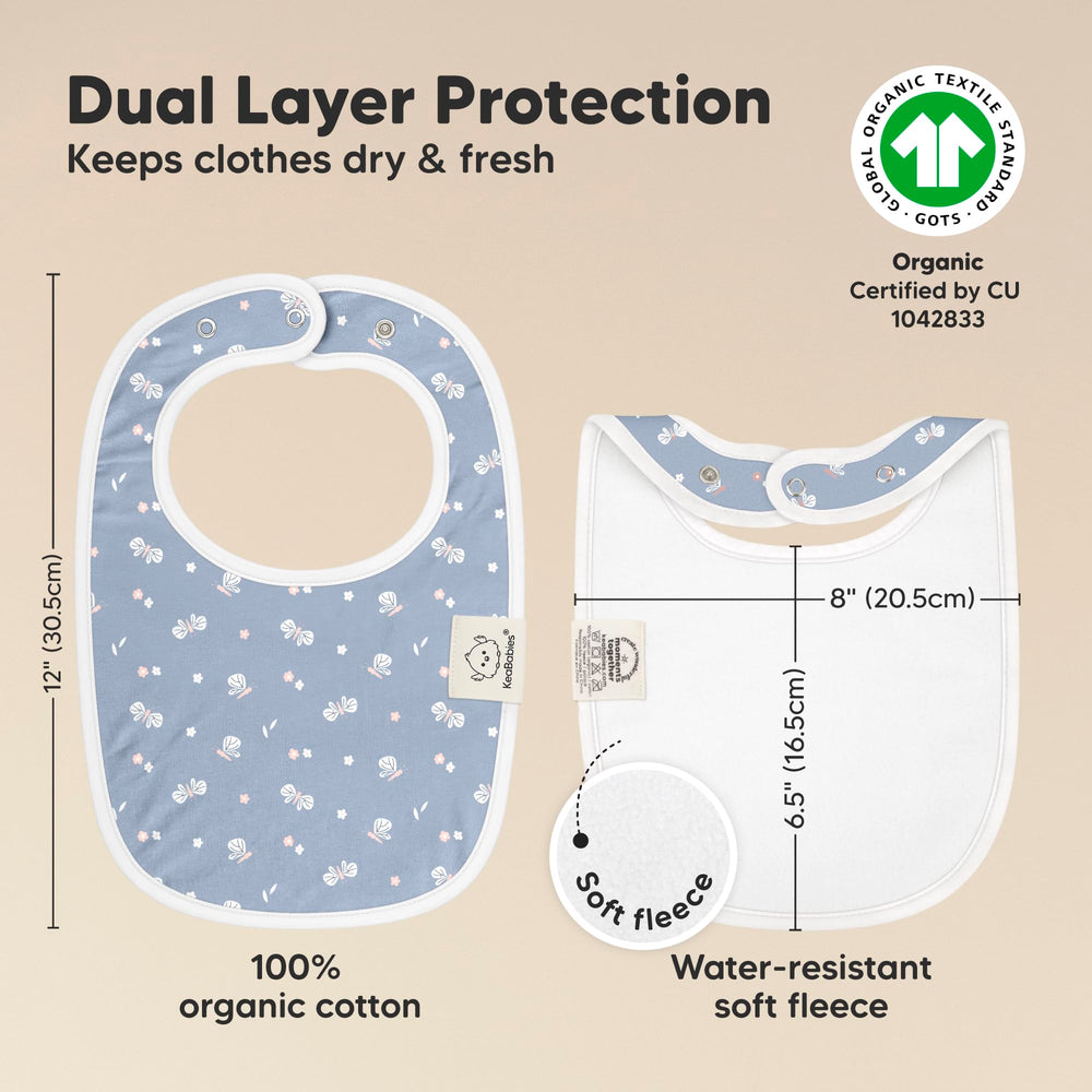 KeaBabies large coverage bib stays flat on baby's chest during messes
