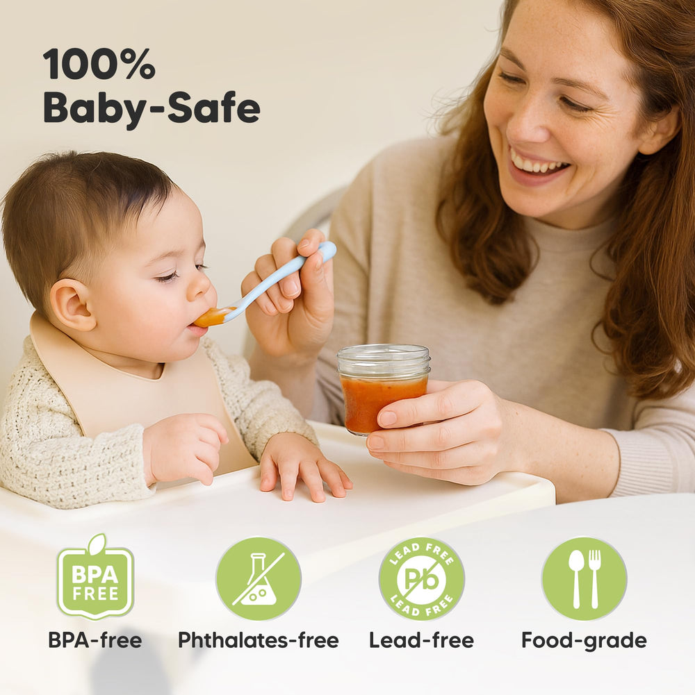 Leak-proof glass container with silicone o-ring keeps puree fresh.