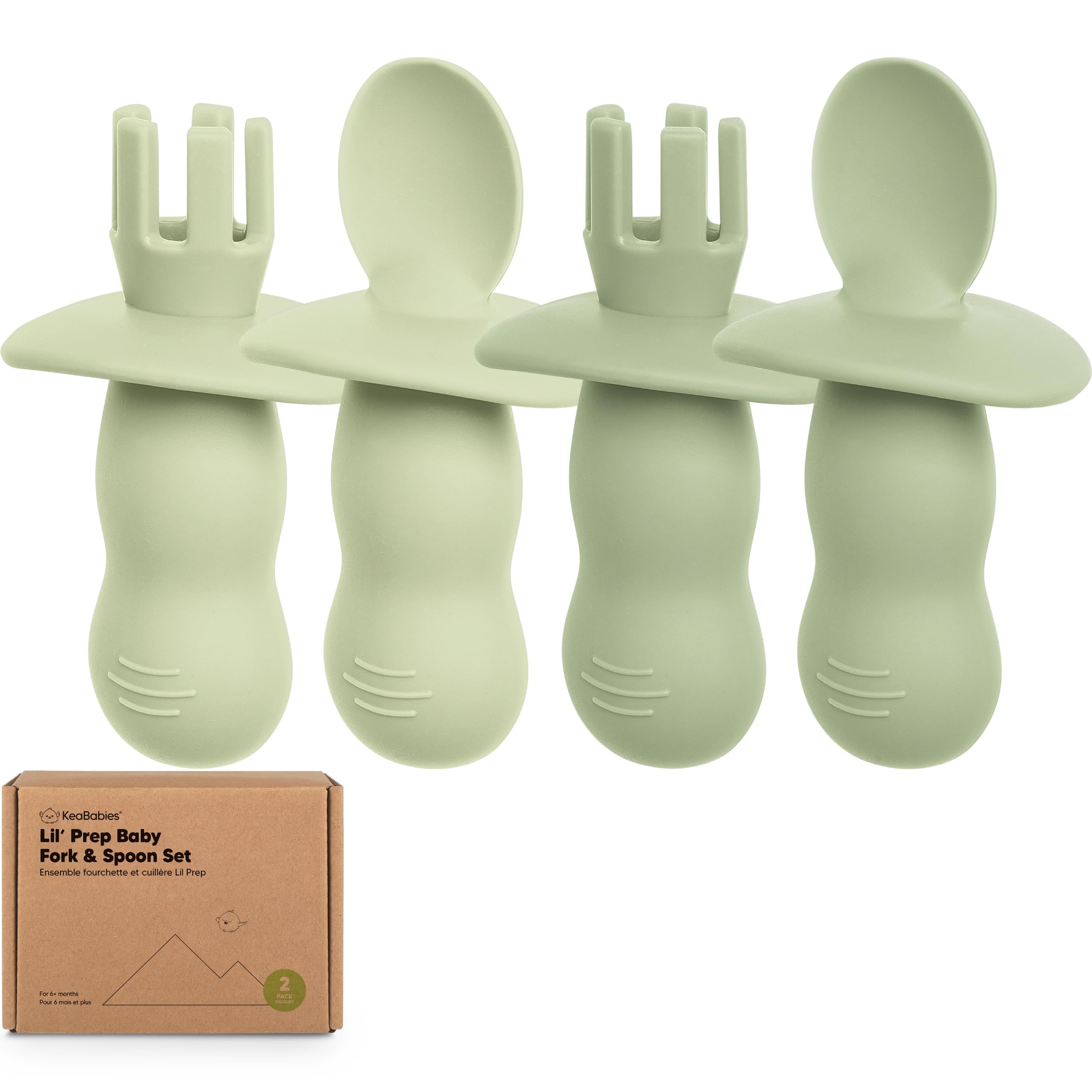 KeaBabies Lil' Prep silicone set in sage – closeup of soft, safe feeding utensils