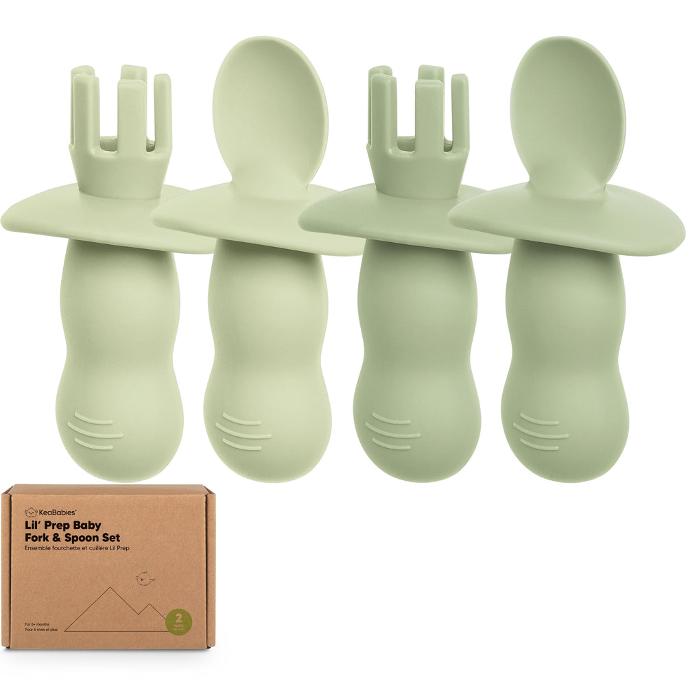 KeaBabies Lil' Prep silicone set in sage – closeup of soft, safe feeding utensils