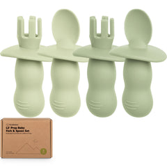 KeaBabies Lil' Prep silicone set in sage – closeup of soft, safe feeding utensils