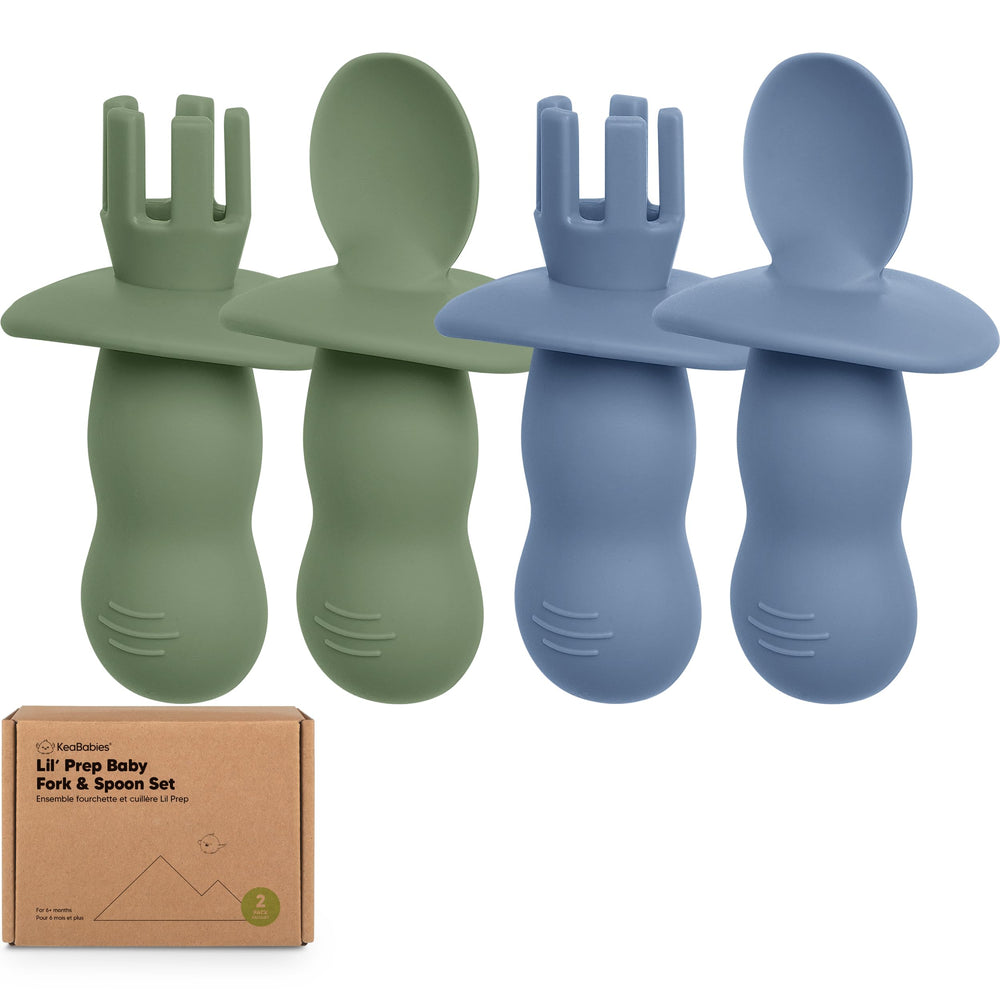 KeaBabies Lil’ Prep spoon and fork set in slate, ideal for teething and self-feeding.