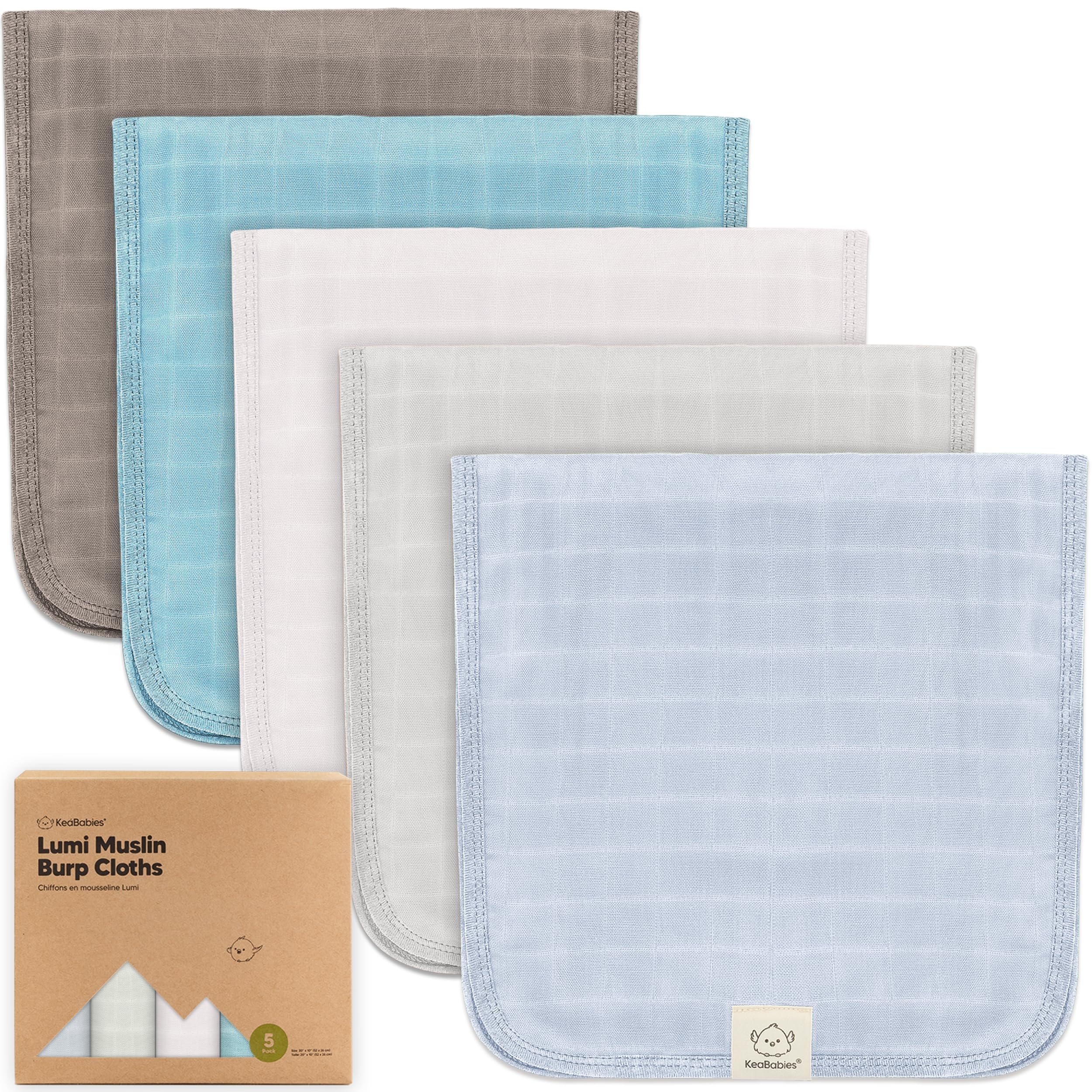 KeaBabies Lumi burp cloth flatlay highlighting eight-layer absorbent design.