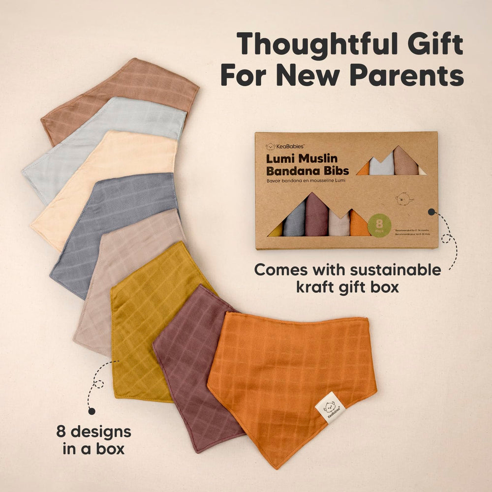 KeaBabies Lumi Muslin Bibs gift box packaging highlights a ready-to-gift option