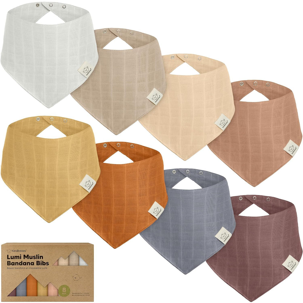 KeaBabies Lumi Muslin Bibs triangle pack closeup, showcasing absorbent, ultra-soft fabric for drool