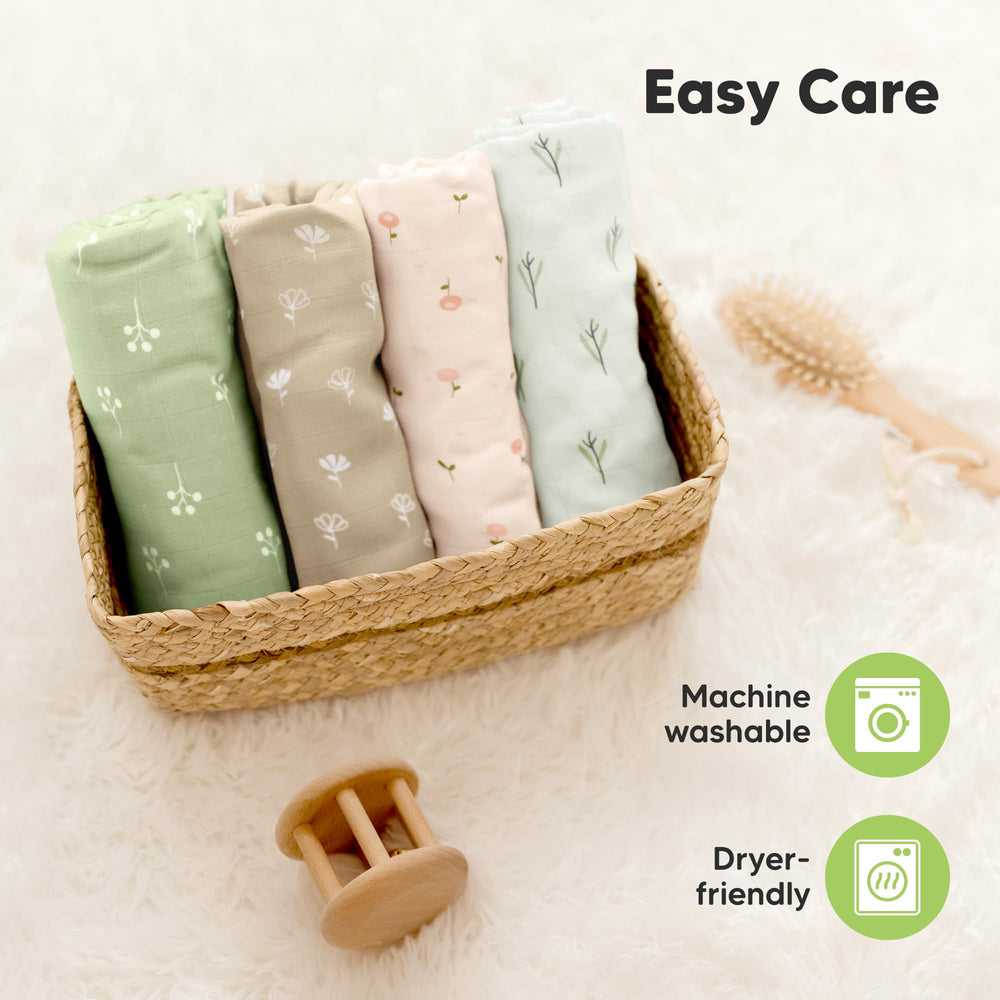 Care guide for KeaBabies Lumi Muslin blankets; machine washable and durable.