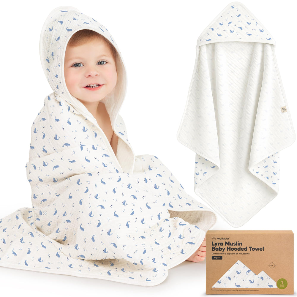 KeaBabies Lyra hooded towel in Whale Bay for newborn softness and warmth.
