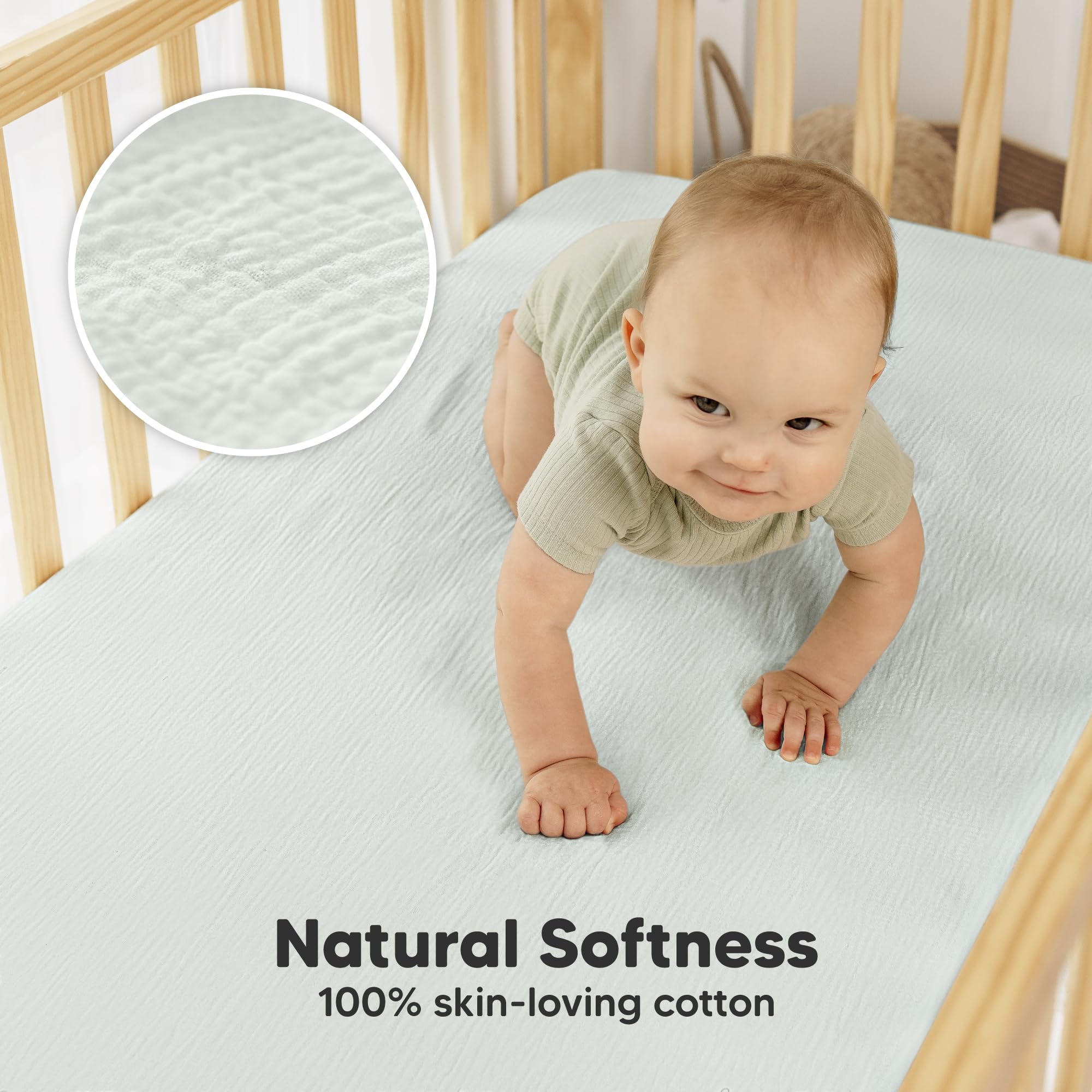 KeaBabies Lyra crib sheets with snugfit elastic band staying securely on crib mattress