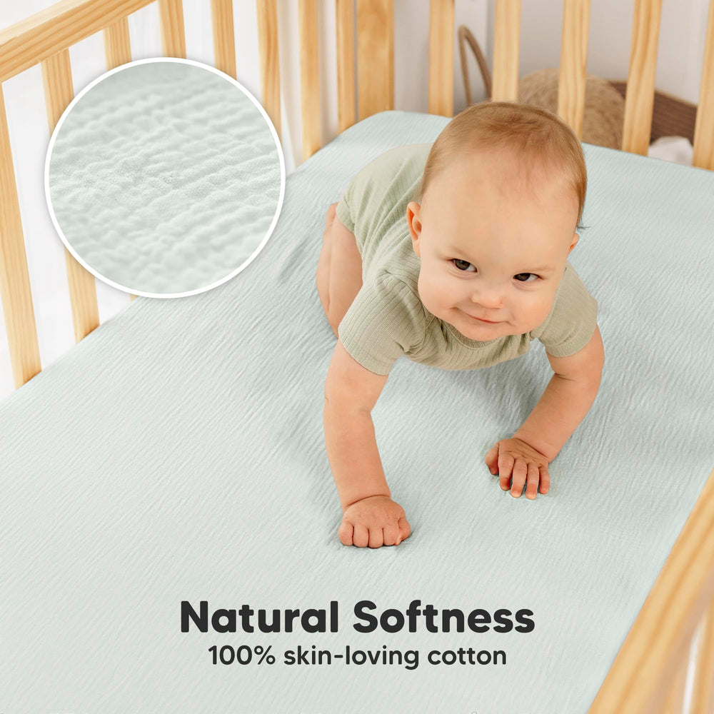 KeaBabies Lyra crib sheets with snugfit elastic band staying securely on crib mattress