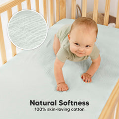 KeaBabies Lyra crib sheets with snugfit elastic band staying securely on crib mattress