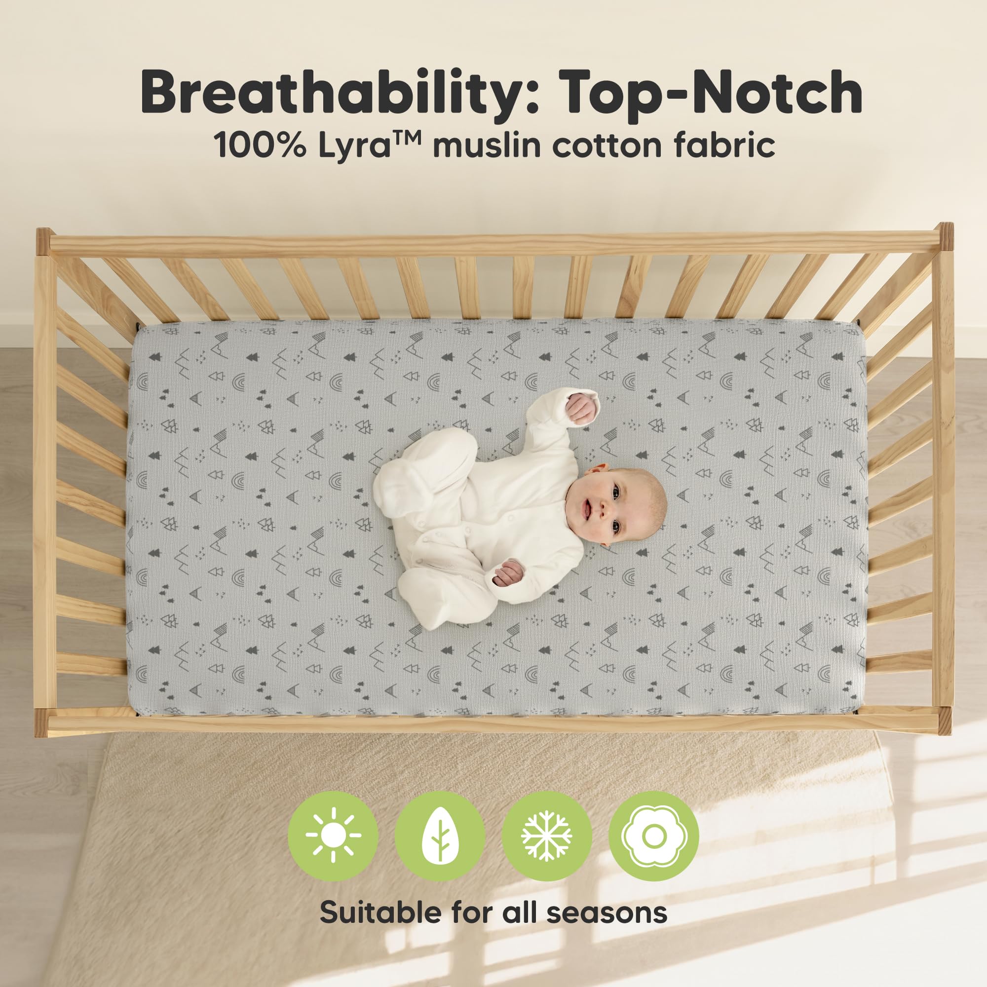 Folded KeaBabies Lyra crib sheet shows durable stitching ready for daycare use