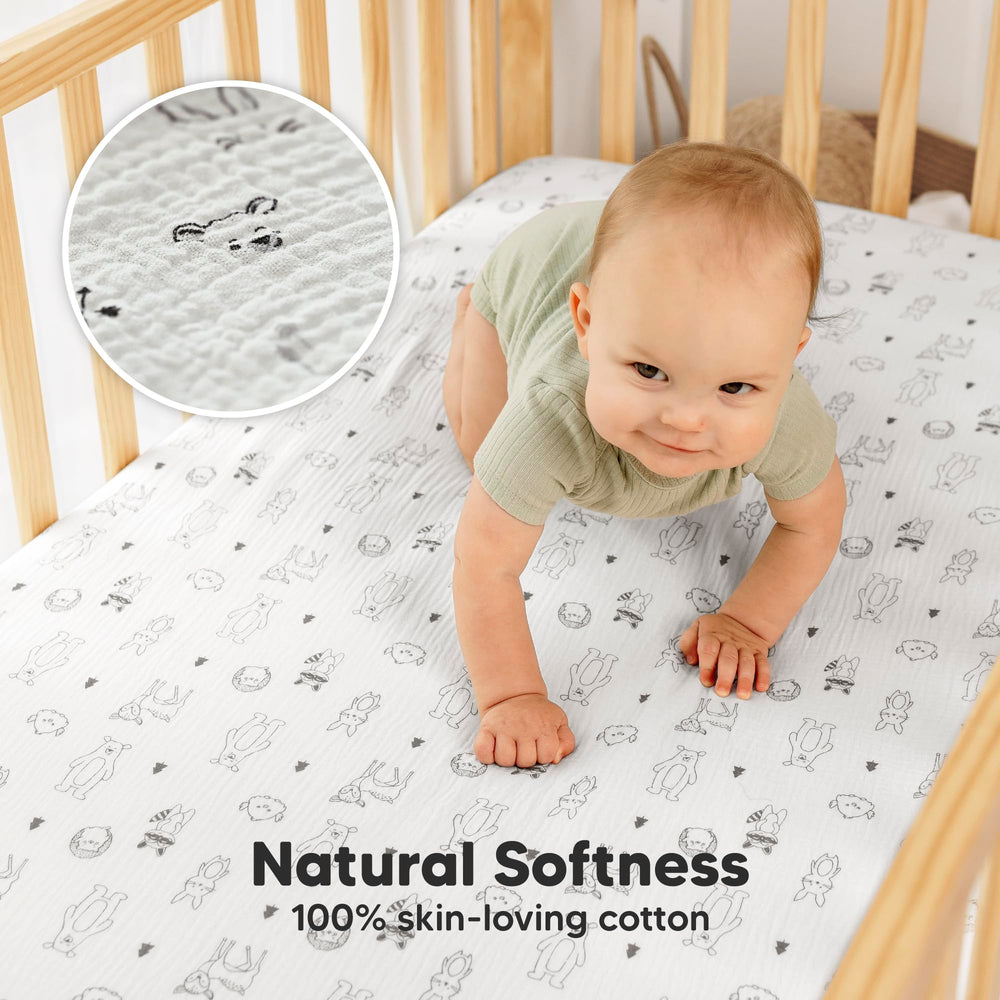 KeaBabies Lyra sheets on mattress demonstrate easy, quick setup with SnugFit elastic